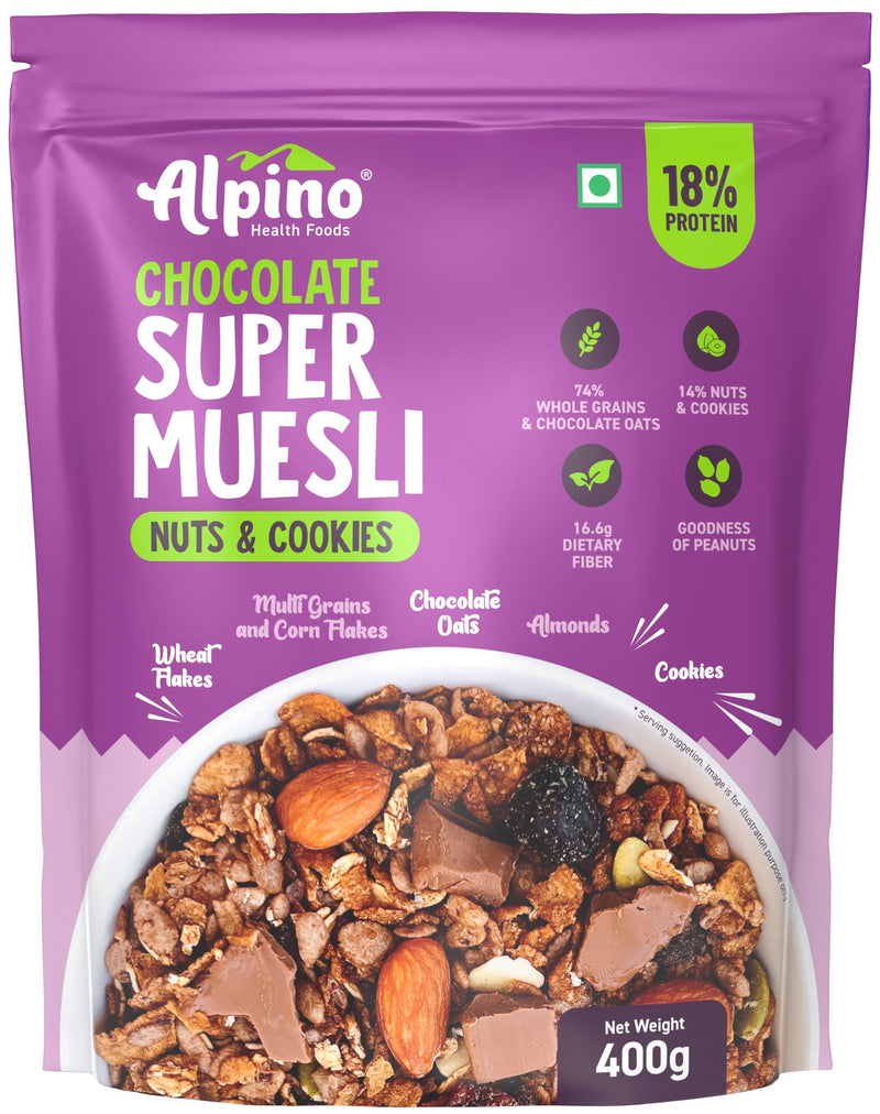 ALPINO Chocolate Super Muesli Nuts & Cookies - 70% Whole Grains & Chocolate Oats, 13% Nuts & Cookies - High in Protein, Source of Fibre – Breakfast Cereal (400 G)