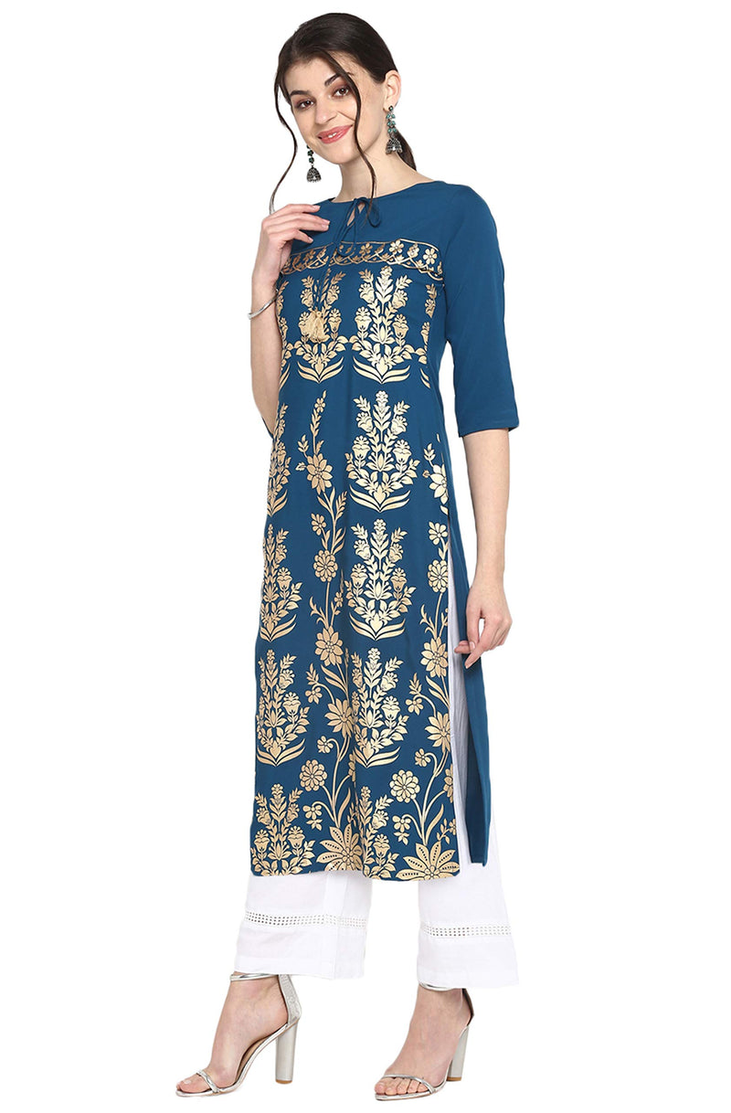 Janasya Women's Turquoise Blue Poly Crepe Kurta (Turquoise Blue_XX-Large)