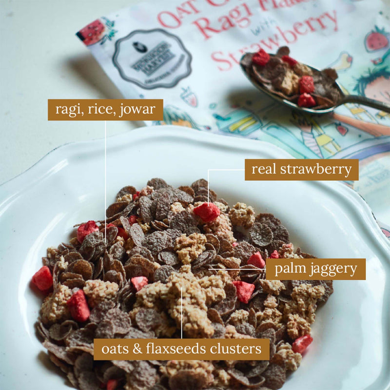 Wingreens Harvest Oats Clusters & Ragi Flakes with Strawberry| Oats, Flax Seeds, Granola| Breakfast Cereal| 350 g