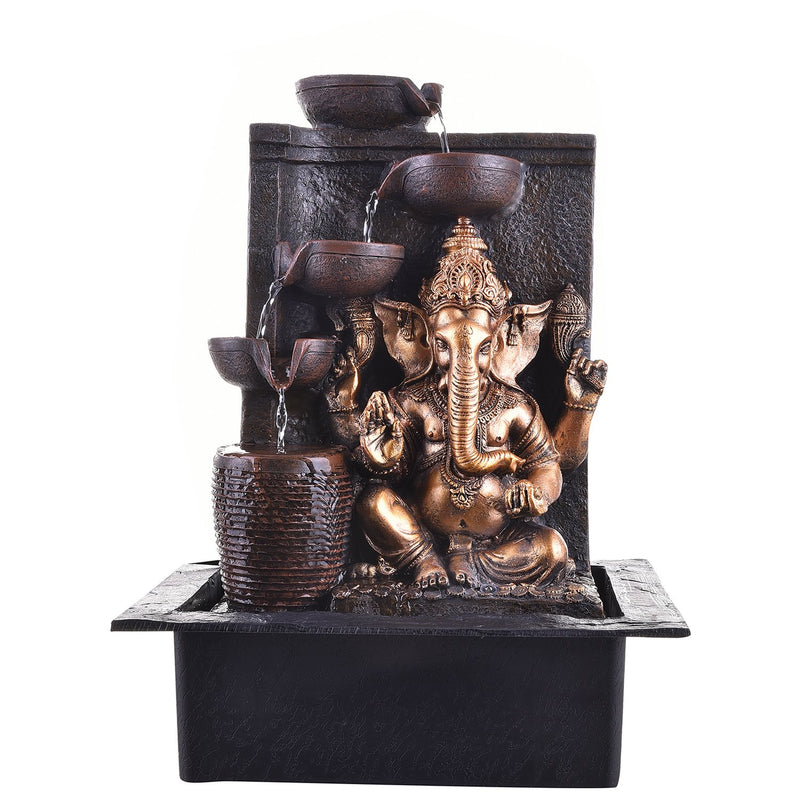 Indiana Craft Ganesha Polystone 5-Steps Indoor Table Top Fountain with LED Lights and Water Pump (Brown, Golden, 40 X 31 X 23 cm)