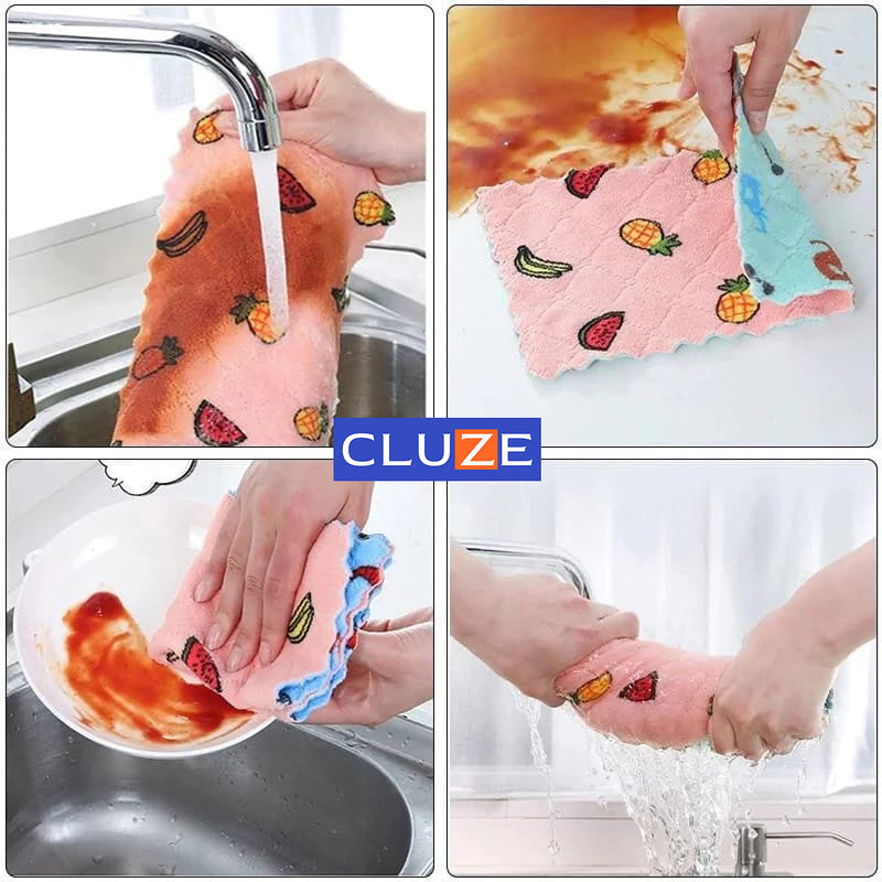 CLUZE Microfiber Printed Cleaning Cloth, Kitchen Towels, Double-Sided Microfiber Towel Lint Free Highly Absorbent Multi-Purpose Dust and Dirty Cleaning Supplies for Kitchen Dining (4 Pcs)