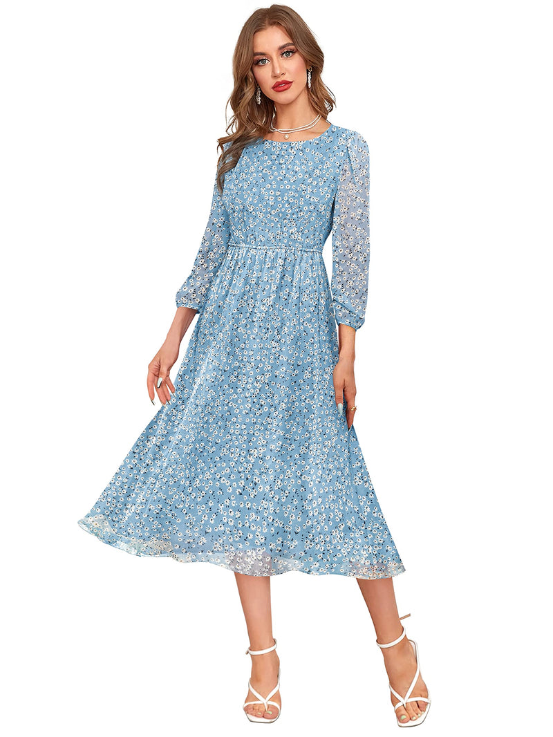 KERI PERRY Women's Sky Blue Georgette Floral Fit & Flared Western Dress | Dress for Women | A line Dress | Winter Dress | Western Dress | Latest Women Dress | Trendy Dress | Midi Dress