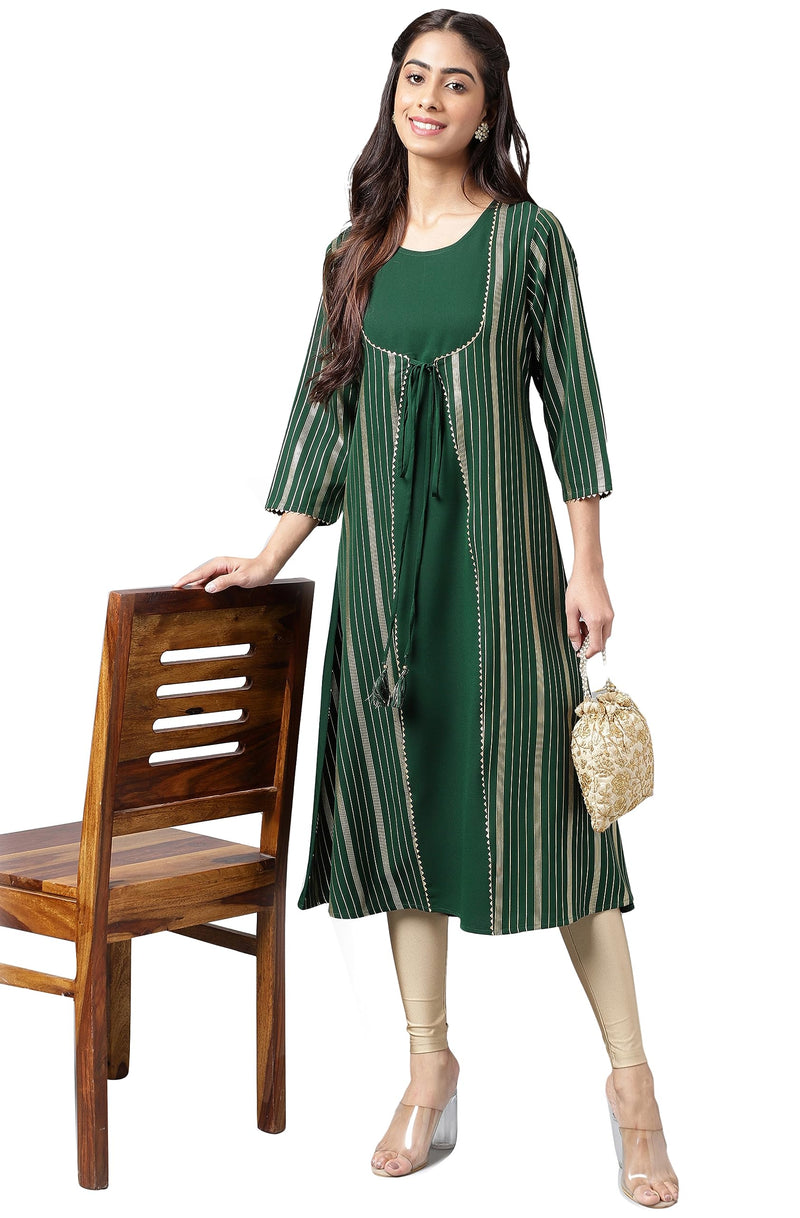 Janasya Women's Green Crepe Foil Printed A-Line Kurta(JNE4211-KR-XL)