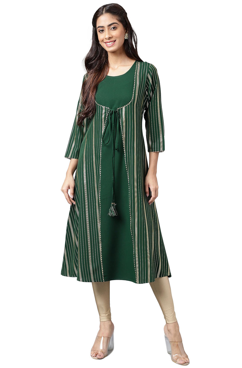 Janasya Women's Green Crepe Foil Printed A-Line Kurta(JNE4211-KR-XL)