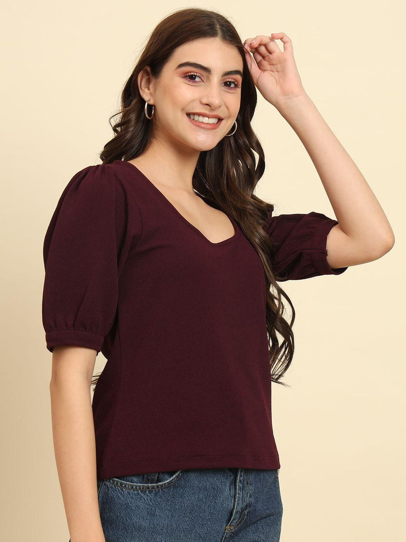 TRENDARREST Burgundy Puff Sleeve Top