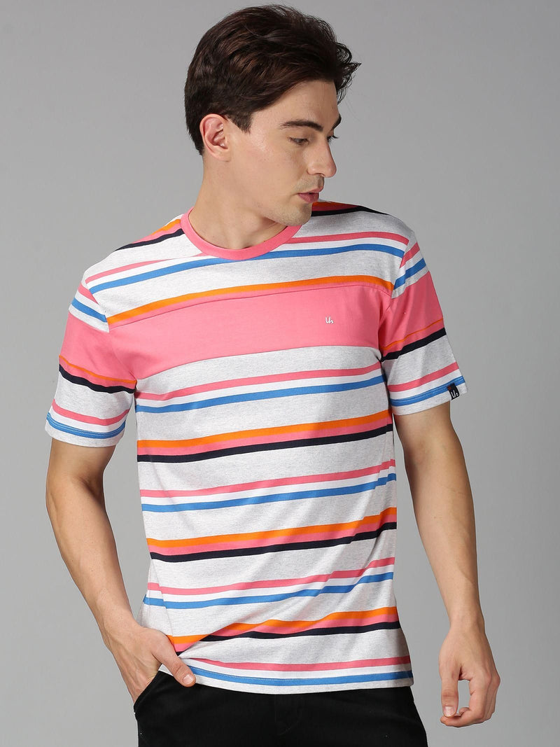 Urgear Cotton Stripes Half Sleeves Round Neck Mens T-shirt