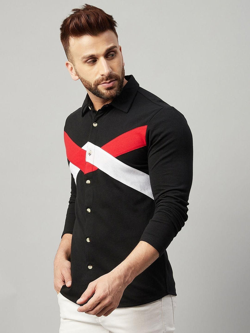 Cotton Blend Color Block Full Sleeves Regular Fit Mens Casual Shirt
