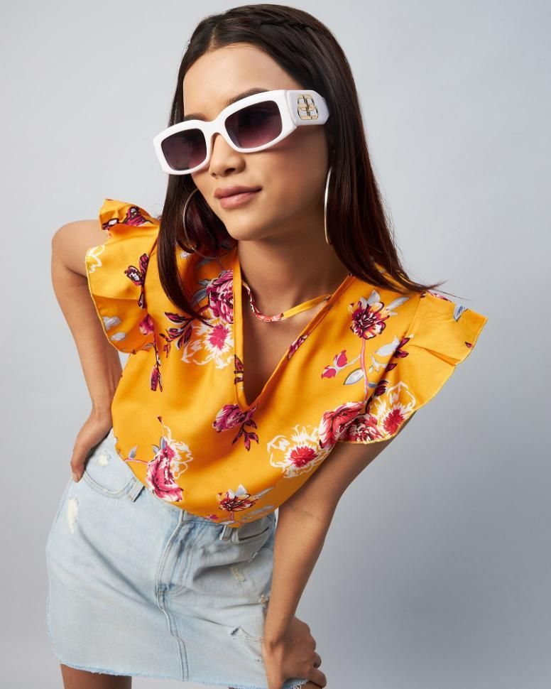 Women Crepe Yellow Flower Printed Ruffled Top