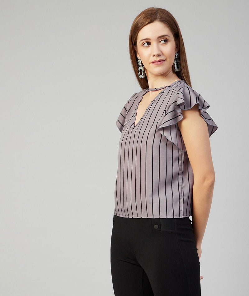 Women's Grey Striped Crepe Ruffled Top