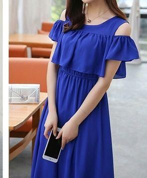 Women's Royal Blue Cold Shoulder Georgette Solid Maxi Dress
