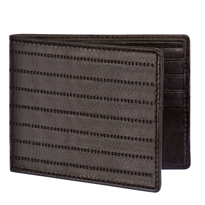 Lorenz Bi-fold Embossed Dotted Lines Premium Dark Brown Rfid Blocking Leather Wallet For Men With Zipper Coin Pocket Feature