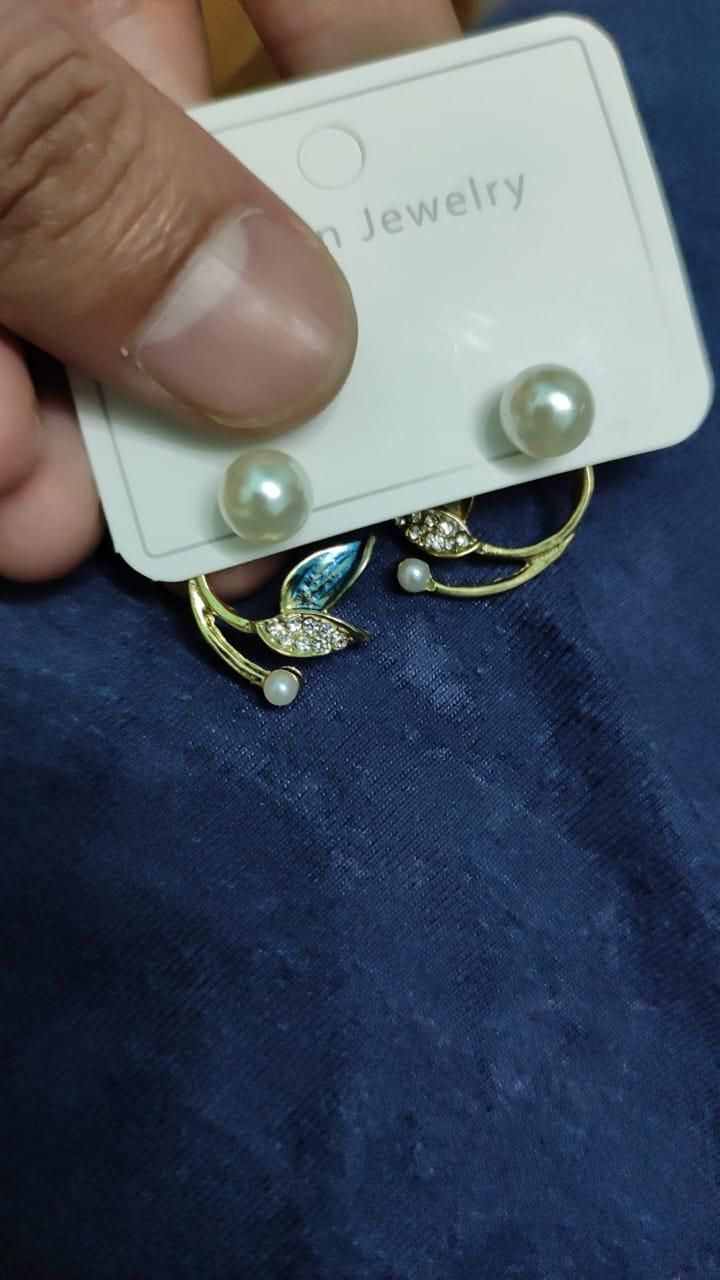 Damla Fashion Fresh Water Pearl Ear Cuff Trendy Iced Out Pearl 925 Sterling Silver Crystal Leaf Stud Earrings Jewelry