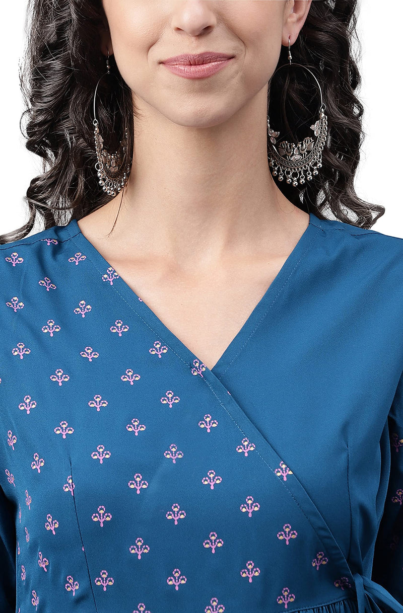 Janasya Women's Blue Crepe Solid Angrakha Kurta(JNE4148-KR-A-L)