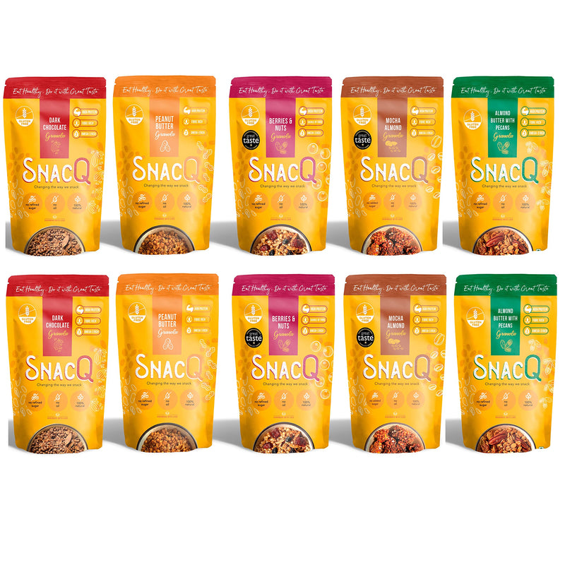 SnacQ Granola Assorted Sampler Pack – 40 Grams (Pack of 10) | Tasty Healthy Breakfast Granola and Snack | Protein Rich Granola | No Added Sugar, No Oil, No Preservatives | 5 Exciting and Unique Granola Flavours