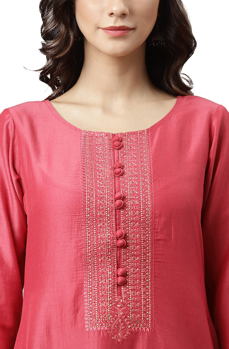 Janasya Women's Pink Poly Silk Embroidered Straight Kurta(JNE3982-KR-L)