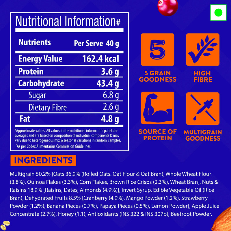 Bagrry’s Superfood Granola Exotic Fruits with Almonds & Cranberries | 30% Fruit & Nut | 40% Oats & Quinoa | Breakfast Cereals, 400g