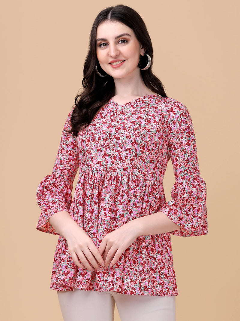 Wedani Women's Casual Bell Sleeves V-Neck Foral Top (Medium, Pink)