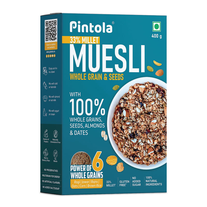 Pintola Wholegrain & Seeds Muesli with 33% Millet 400g, Cereals for Breakfast with 26% Nuts, Seeds & Dates, No Preservatives, Rich in Dietary Fibre & Protein, Cholesterol & Gluten Free, No Added Sugar