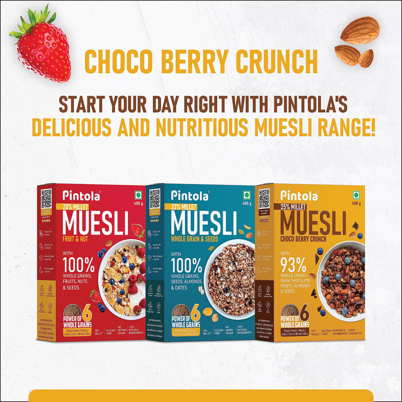 Pintola Dark Chocolate & Cranberry Muesli with 25% Millet & 60% Wholegrains 400g, Cereals for Breakfast with 6 Varied Nuts & Seeds, No Preservatives, High Protein Muesli, Fibre Rich, Cholesterol Free