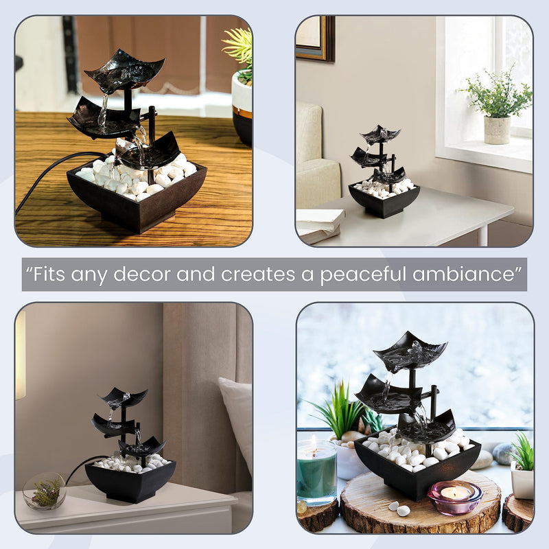 ABOUT SPACE Water Fountain for Home Decor - 3 Tier Table Top Indoor Outdoor Showpiece Fountain for Living Room, Table Decor, Bedroom, Office - Water Circulation Metal Fountain Ornament(H 21 cm, Black)