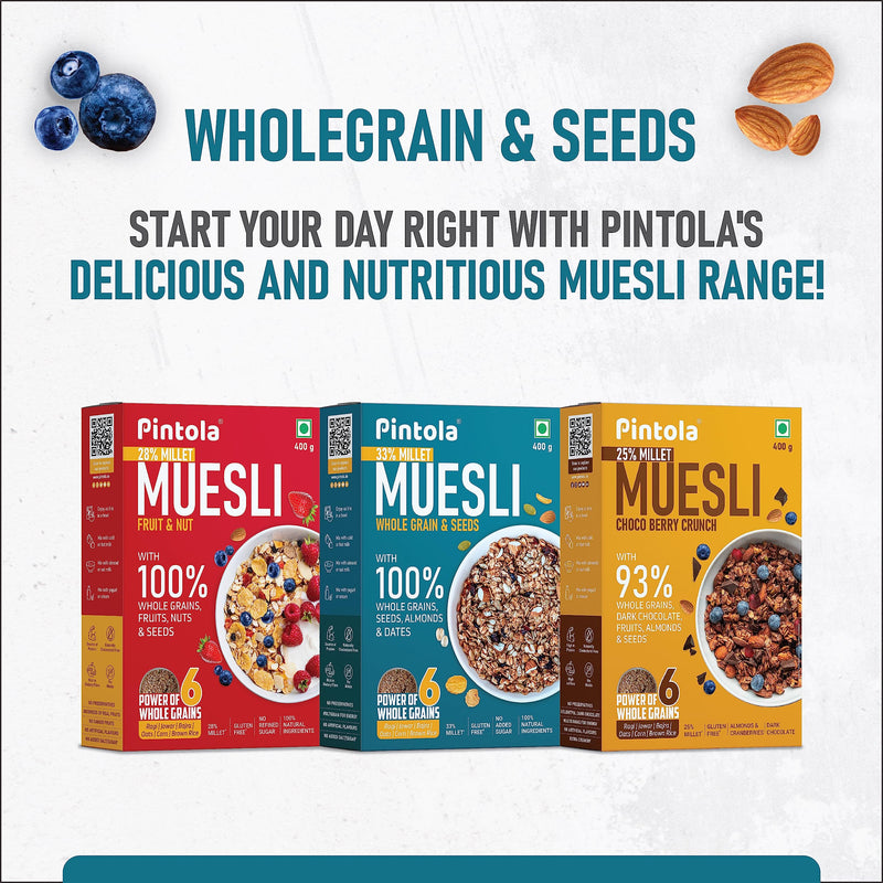 Pintola Wholegrain & Seeds Muesli with 33% Millet 400g, Cereals for Breakfast with 26% Nuts, Seeds & Dates, No Preservatives, Rich in Dietary Fibre & Protein, Cholesterol & Gluten Free, No Added Sugar