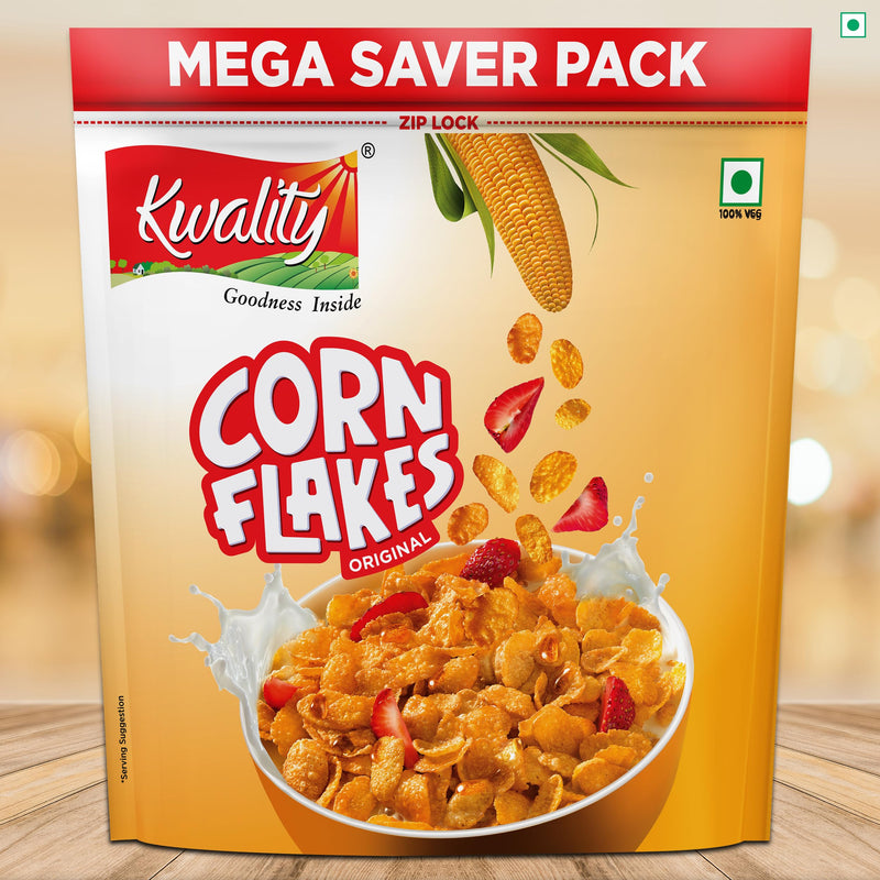 Kwality Corn Flakes 800g | Made with Golden Corns | 99% Fat Free, Natural Source of Vitamin & Iron | High in Protein & Fiber | Healthy Food & Breakfast Cereal | Low Fat & Cholesterol