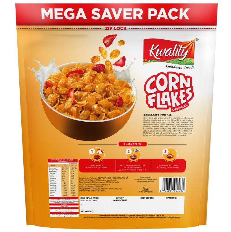 Kwality Corn Flakes 800g | Made with Golden Corns | 99% Fat Free, Natural Source of Vitamin & Iron | High in Protein & Fiber | Healthy Food & Breakfast Cereal | Low Fat & Cholesterol