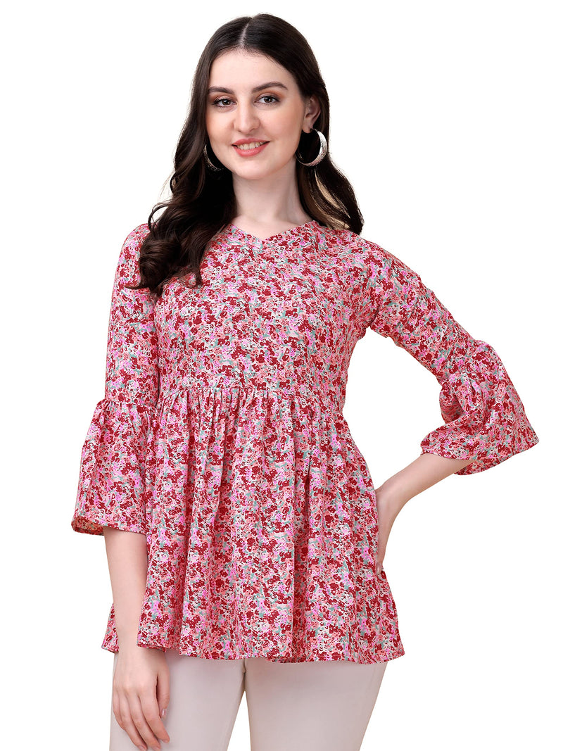 Wedani Women's Casual Bell Sleeves V-Neck Foral Top (Medium, Pink)