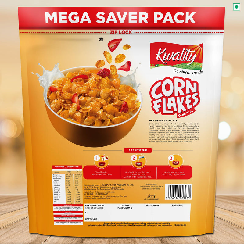 Kwality Corn Flakes 800g | Made with Golden Corns | 99% Fat Free, Natural Source of Vitamin & Iron | High in Protein & Fiber | Healthy Food & Breakfast Cereal | Low Fat & Cholesterol