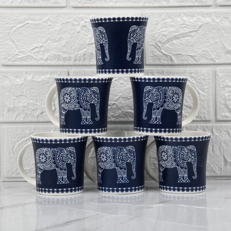 Femora Majestic Elephant Design Tea Cups, Ceramic Tea Cups, Coffee Mugs (160 ml) - 6 Pcs Set (Blue)