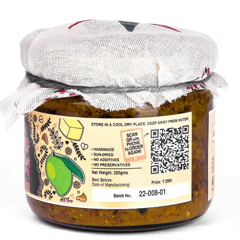 Jhaji Store's Mithila Special Mango Pickle | Bihari Style Aam Ka Achaar | Tangy and Spicy | Masaledaar & Khatta | 1-Inch Mango Pieces | Sun-Dried. No Artificial Preservatives & Colors | Bihari-Style Homemade Pickle, 250g