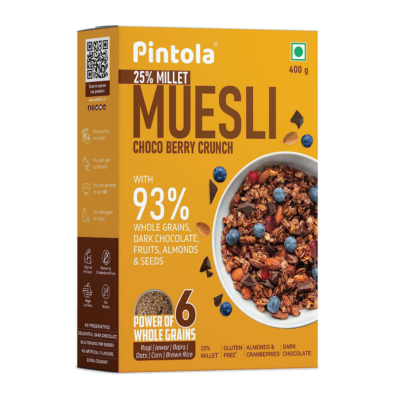 Pintola Dark Chocolate & Cranberry Muesli with 25% Millet & 60% Wholegrains 400g, Cereals for Breakfast with 6 Varied Nuts & Seeds, No Preservatives, High Protein Muesli, Fibre Rich, Cholesterol Free