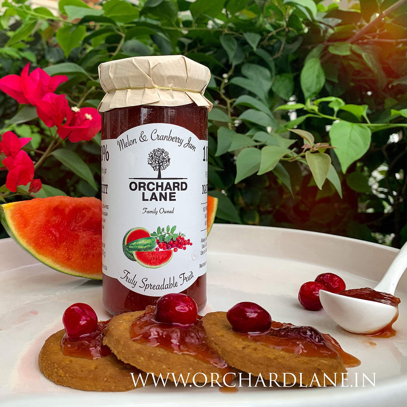 Orchard Lane 80% Fruit- Melon Cranberry Jam- Low-sugar - No Preservatives- Made with whole cranberries, High Nutrition | Healthy Jam for kids and adults | High Calcium, Zinc (3 mg per serving), Potassium (45 mg per serving) 280 gm