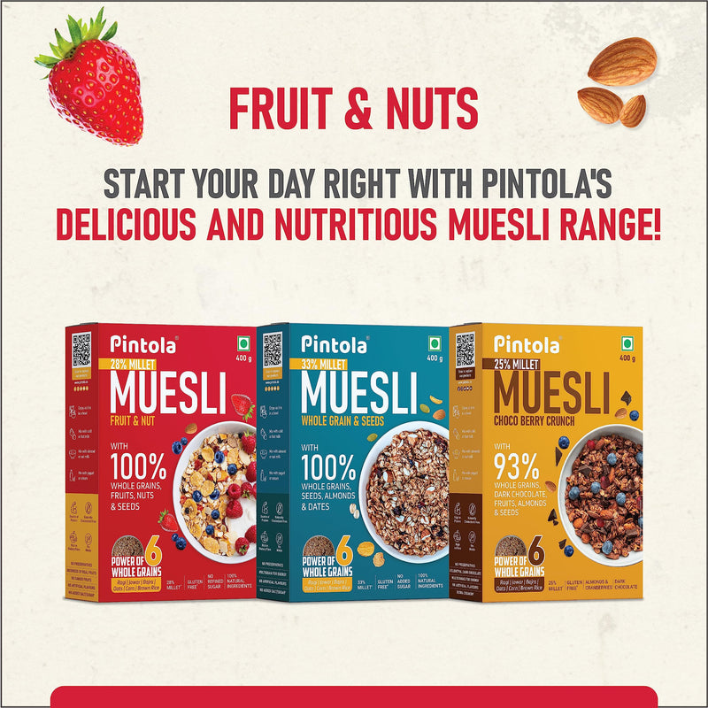 Pintola Fruit & Nut Muesli with 28% Millet & 68% Wholegrains (400g), Healthy-Fruity Breakfast cereal with 6 nuts, dried fruits & Dates, No Preservatives, No added sugar|Rich in Dietary Fibre & Protein