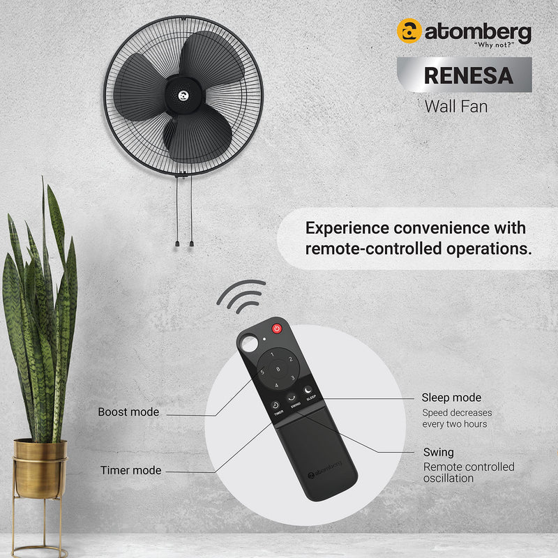 atomberg Renesa 400mm Wall Fan | Silent BLDC Fan | Remote with Timer & Sleep Control | 1+1 Year Warranty (Midnight Black)