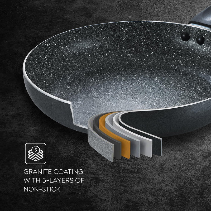 Prestige Omega Deluxe Granite Aluminium 3 Pcs Set- Tawa, Fry Pan & Kadai with 1 Glass Lid|Non-Stick|Spatter-Coated Surface|Induction & Gas Compatible|Black