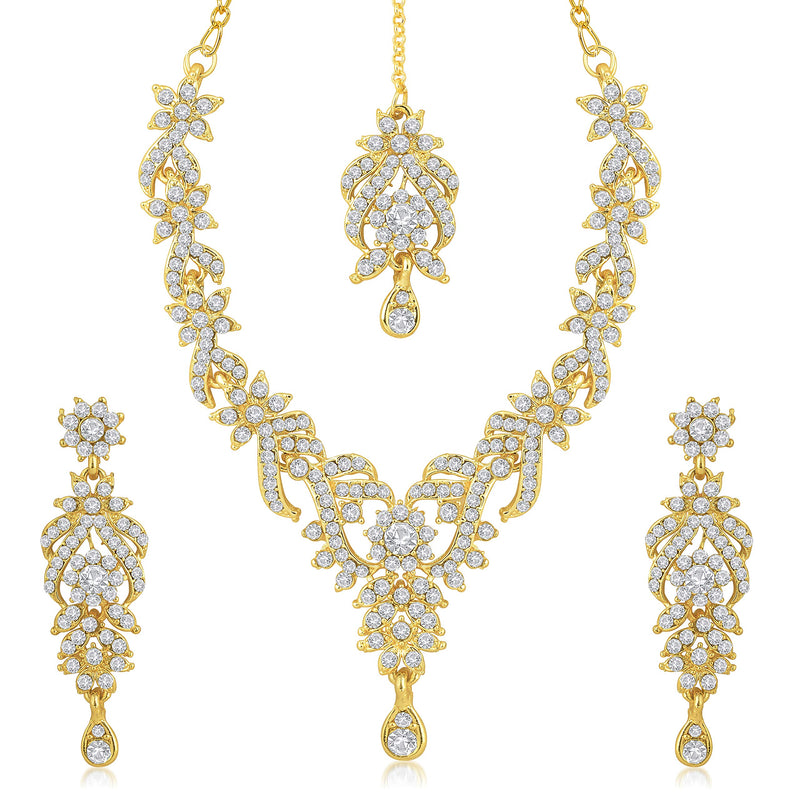 Sukkhi Sparkling Gold Plated Wedding Jewellery Austrian Diamond Set of 4 Necklace Combo for Women (SKR48715)