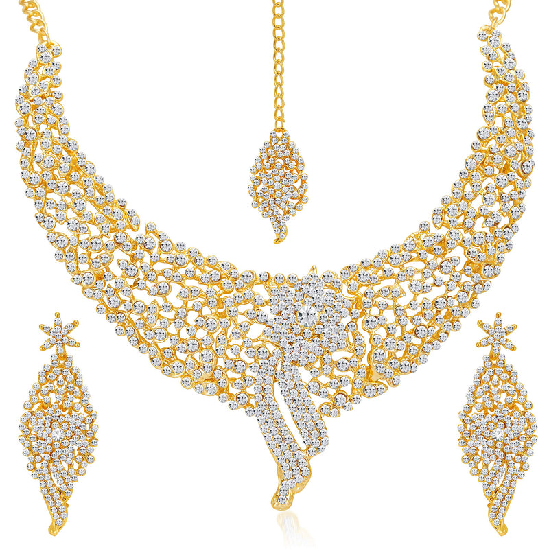 Sukkhi Sparkling Gold Plated Wedding Jewellery Austrian Diamond Set of 4 Necklace Combo for Women (SKR48715)