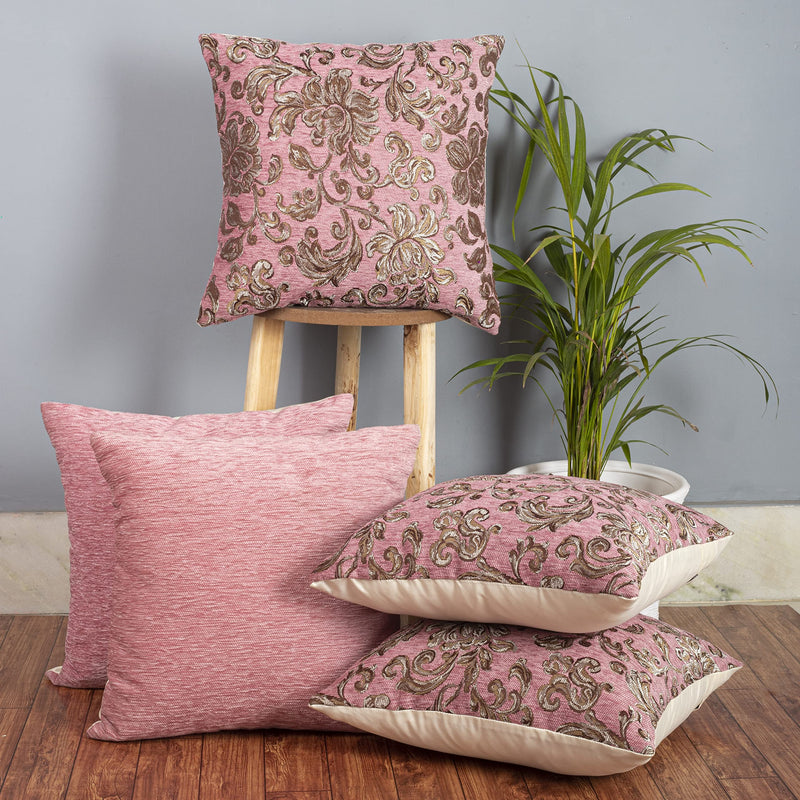 Cazimo Jacquard Floral Cushion Covers - Set of 5, 16 * 16 Inches, (Baby Pink)