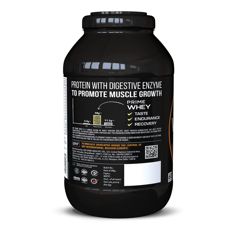 QNT Prime Whey, 100% Whey Protein With Whey Isolate & Hydrolysate | 2kg | 60 Servings | 50g Protein, 11.3g Bcaa, Zero Sugar
